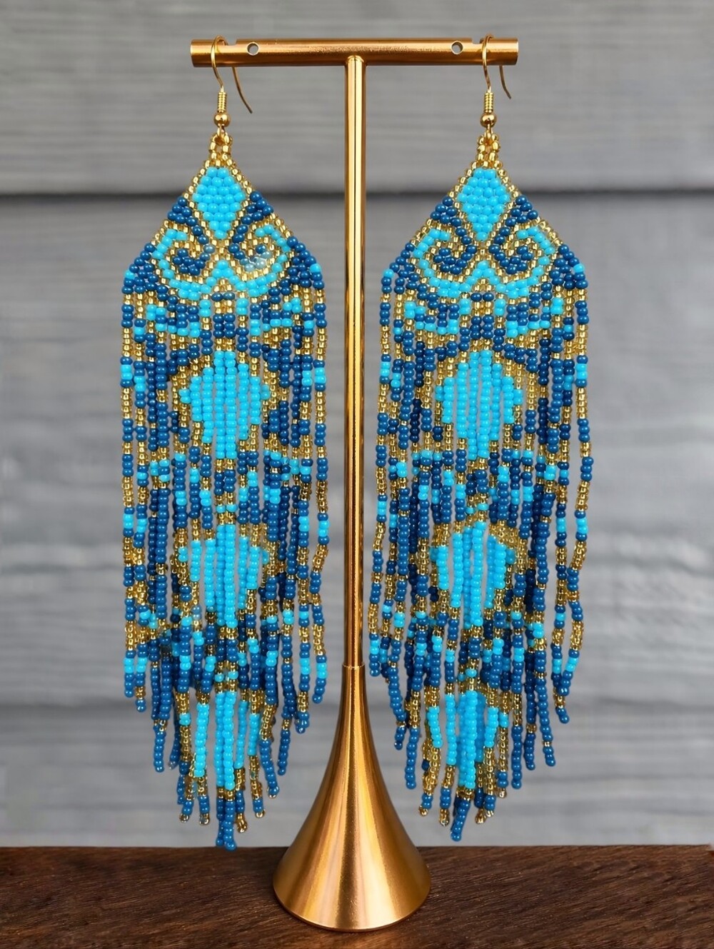 Reign Boho Fringe Beaded Earrings Handmade Coastal Seed Bead Jewelry - Blue Gold